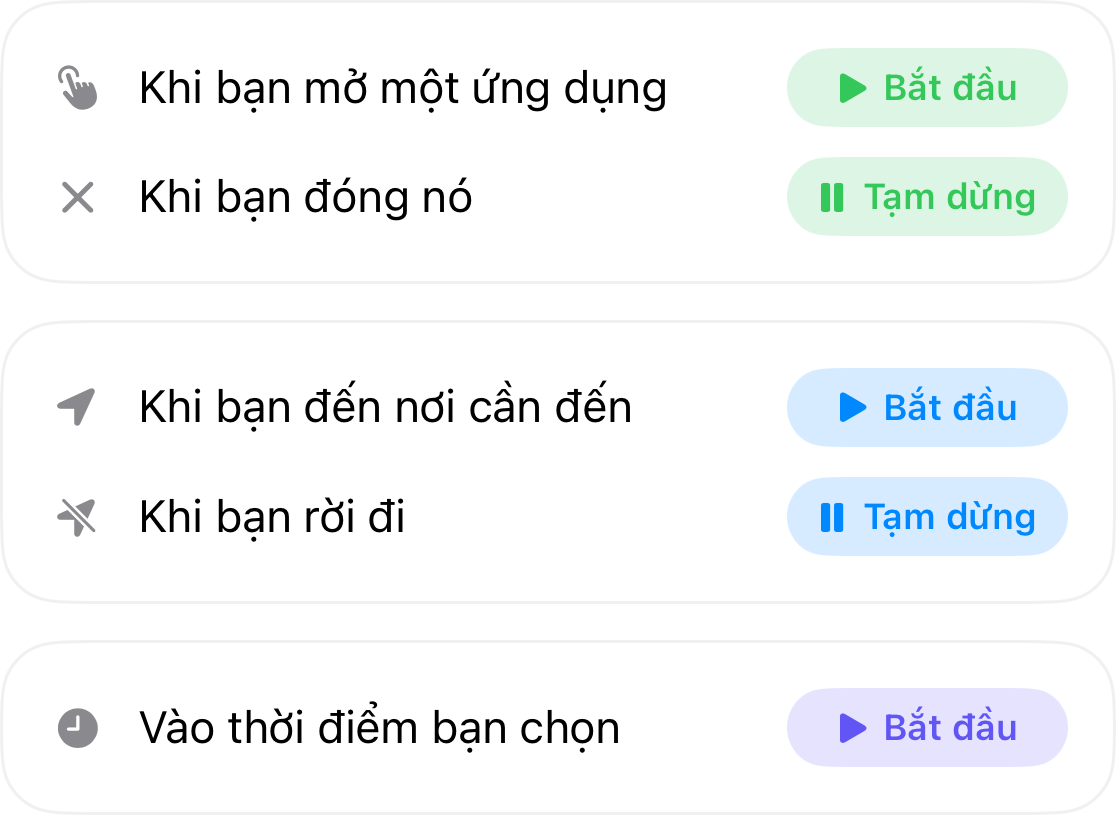 Kích hoạt tự động hóa: bắt đầu khi bạn mở ứng dụng và tạm dừng khi bạn đóng ứng dụng, bắt đầu khi bạn đến một địa điểm và tạm dừng khi bạn rời đi, và bắt đầu vào thời gian bạn chọn