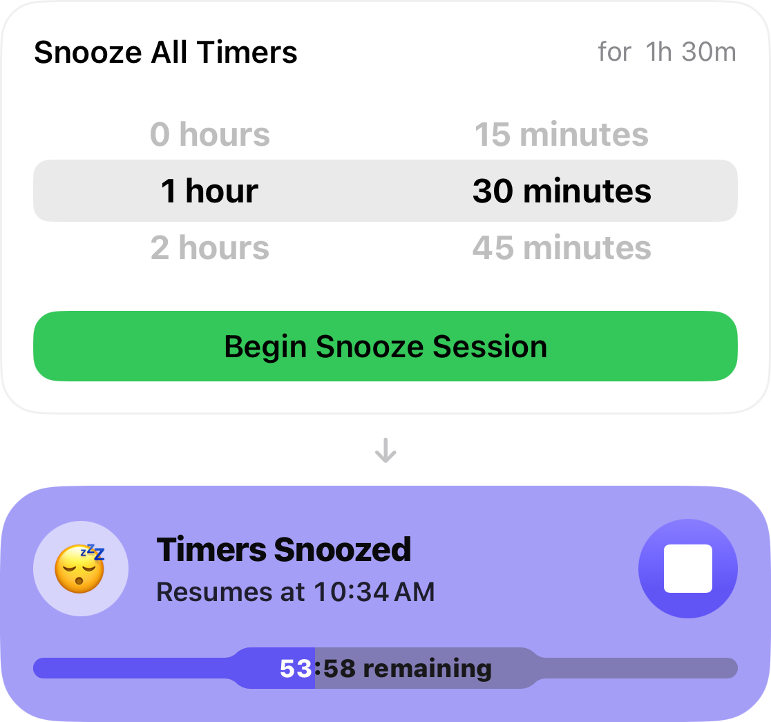 The snooze picker set to 1 hour 30 minutes, and under it the card counting the break down to the time the timers resume