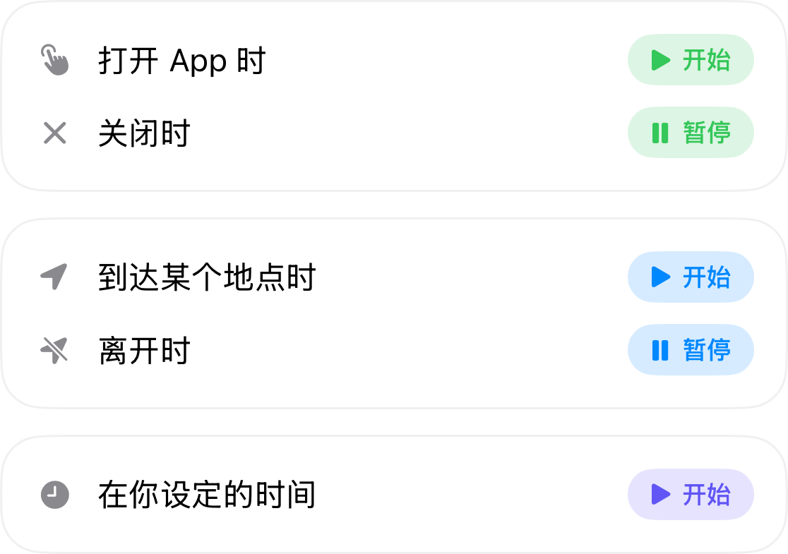 自动化触发条件：打开应用时开始，关闭应用时暂停；到达目的地时开始，离开时暂停；以及按您设定的时间开始